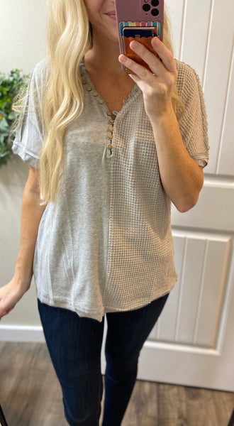 Grey Contrast Waffle Button Short Sleeve Top