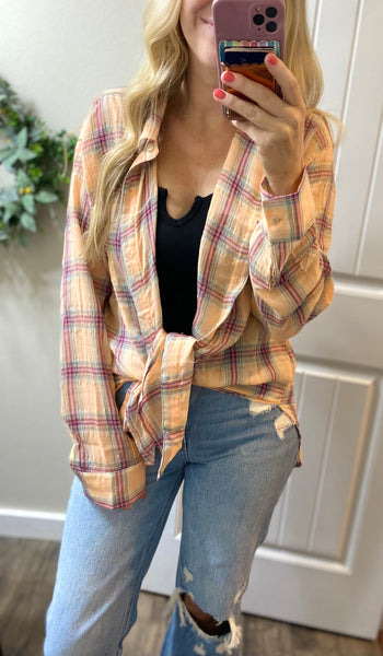 Coral Pink Plaid Button-Down Top