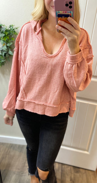 POL Round Neck Balloon Sleeve Hooded Knit Top
