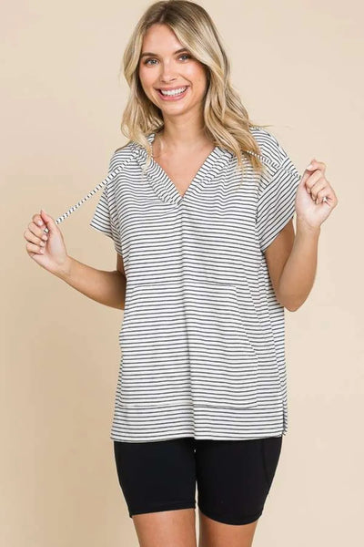 Striped Hooded Short Sleeve Top