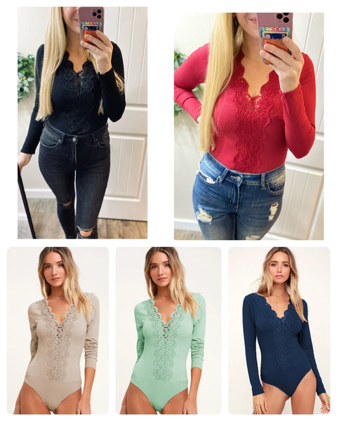 Lace Trim Ribbed Long Sleeve Bodysuit