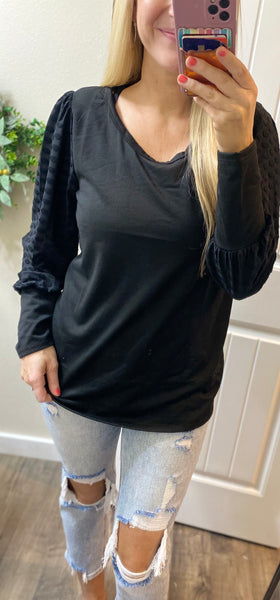 Black Round Neck Polka Dot Long Sleeve