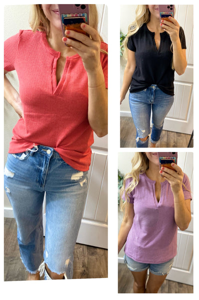 Melange Waffle V Short Sleeve Top