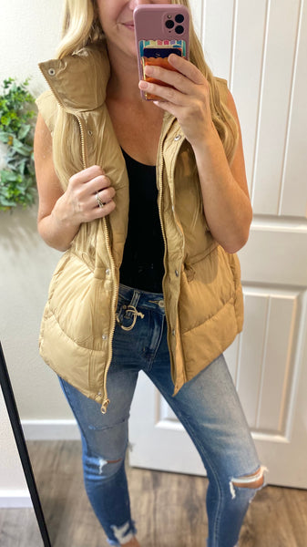 Beige Zip Up Puffer Vest