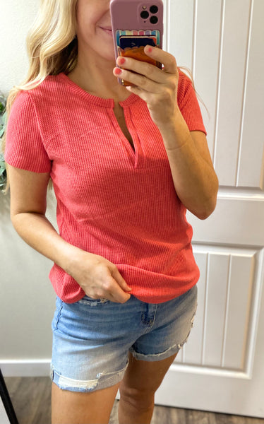 Melange Waffle V Short Sleeve Top