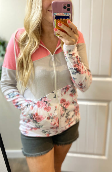 Pink Floral Colorblock Full Zip