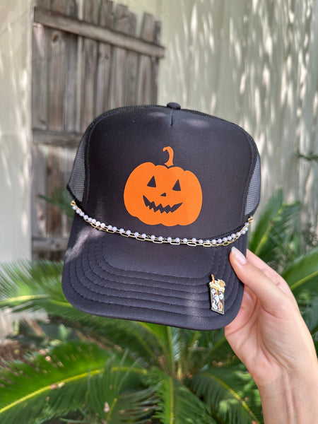 Pumpkin Face Black Trucker Hat