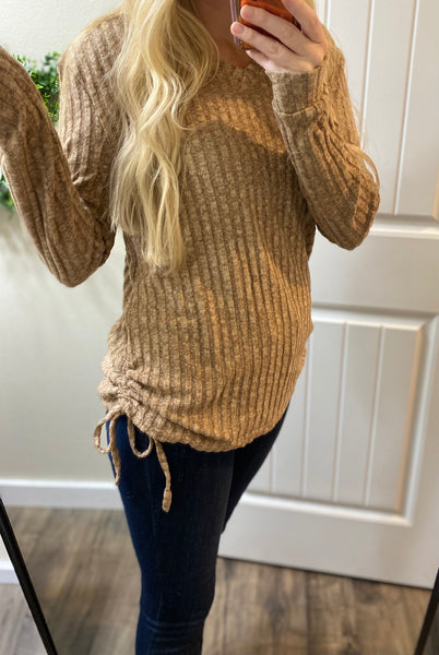 Ribbed Ruched Side Long Sleeve Top