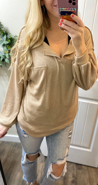 Taupe Exposed Seam Pocket On/Off Shoulder Long Sleeve