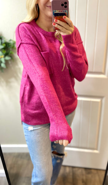 Pink Melange Round Neck Seam Sweater