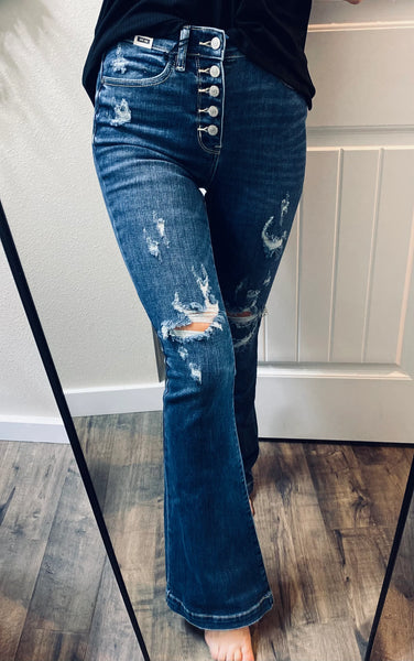 Judy Blue Darkwash Distressed ButtonFly Flare