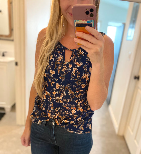 Navy Floral Keyhole Sleeveless Top