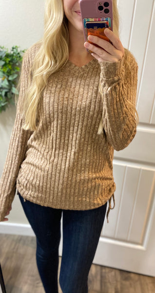 Ribbed Ruched Side Long Sleeve Top