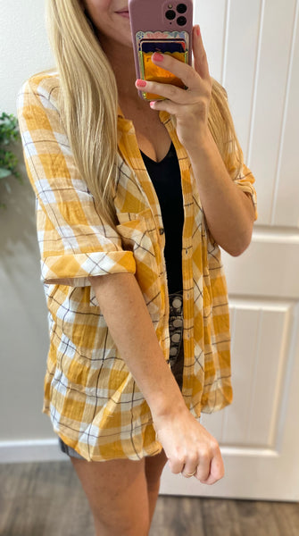 Soft Yellow Plaid Button Up