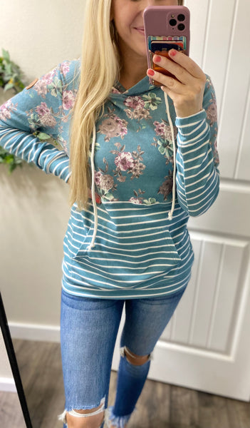 Teal Floral Stripe Hoodie Pullover