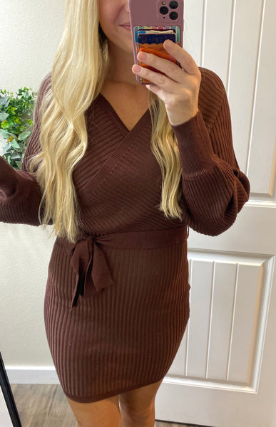 On/off Shoulder Faux Wrap Ribbed Dress