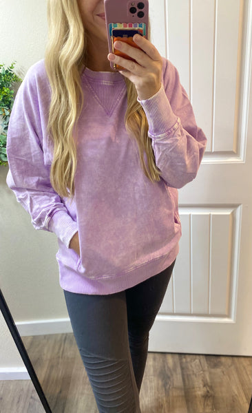 Acid Wash French Terry Pullover in Lavender