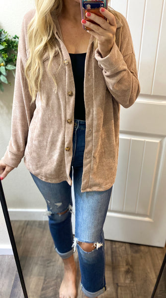 Chenille Button Shacket in Mocha