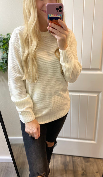 Ivory Round Neck Basic Hi-Low Sweater