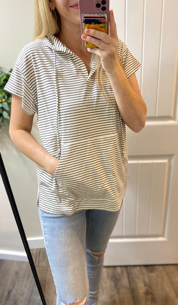 Striped Hooded Short Sleeve Top