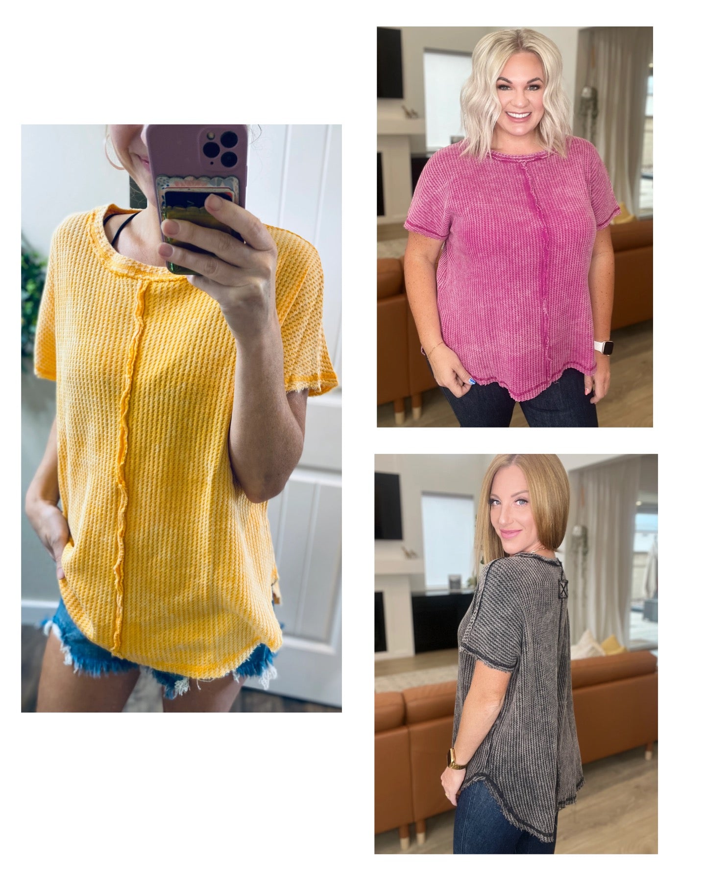 Waffle Seam Short Sleeve Tops