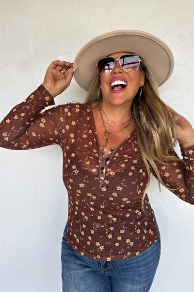 PREORDER Floral Vneck Mesh Henley Top