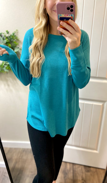 Teal Waffle Side Slit Long Sleeve