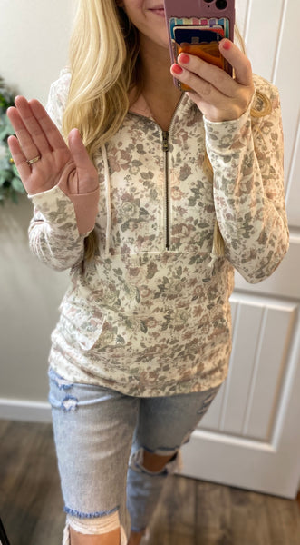 Mauve Floral 1/2 Zip Hoodie