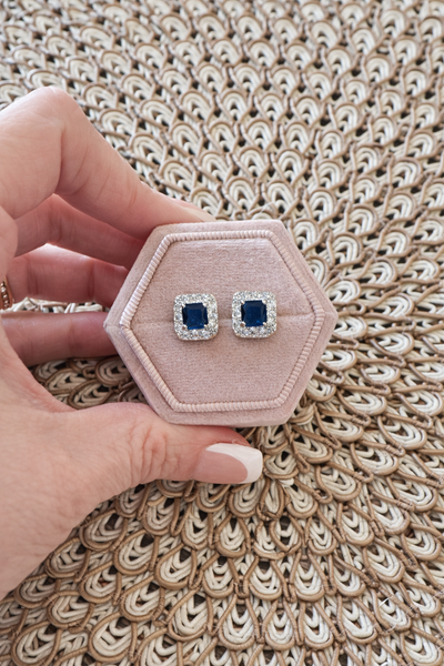 Olivia Emerald Halo Earrings in Sapphire Blue