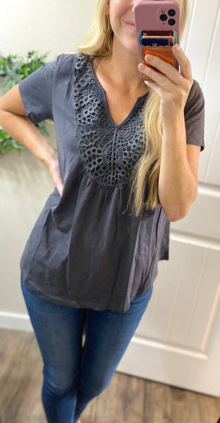Charcoal Crocheted Detail Accent Top