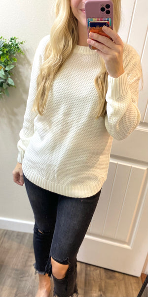 Ivory Round Neck Basic Hi-Low Sweater