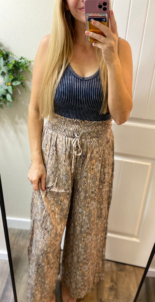 Printed Smocked Slit Pants