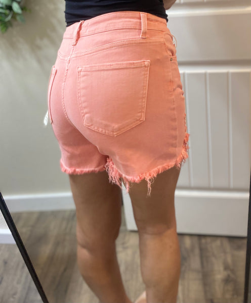 Flamingo Pink Risen Distressed Hem Shorts