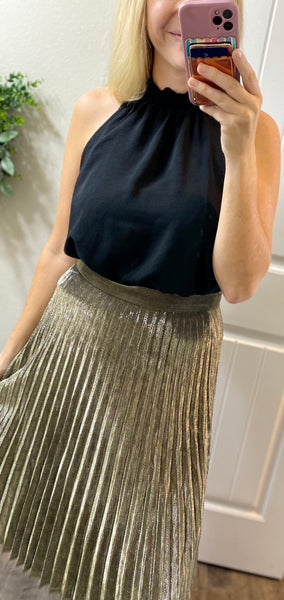 Gold Lurex Fabric Pleated Midi Skirt