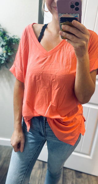 Coral Cuffed Sleeve Oversized Tee