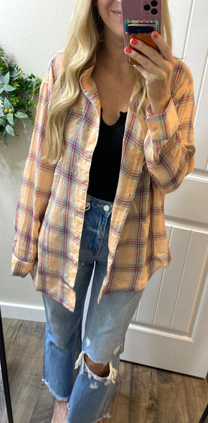 Coral Pink Plaid Button-Down Top