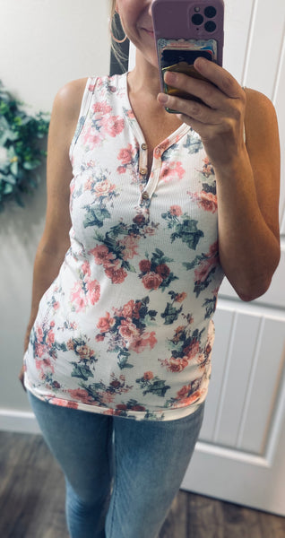 Floral Button Ribbed Henley Tank