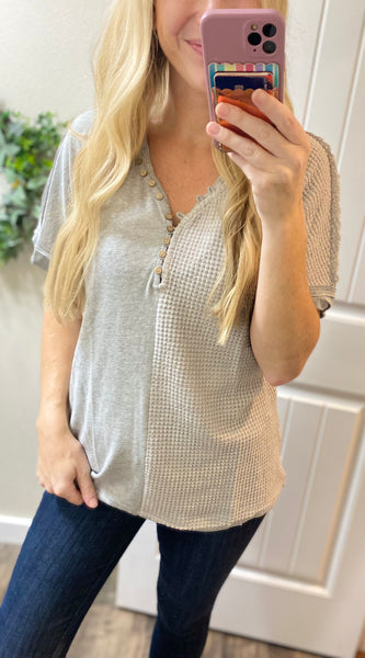 Grey Contrast Waffle Button Short Sleeve Top