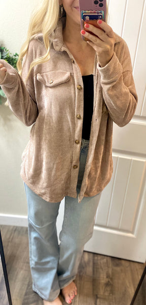 Chenille Button Shacket in Mocha