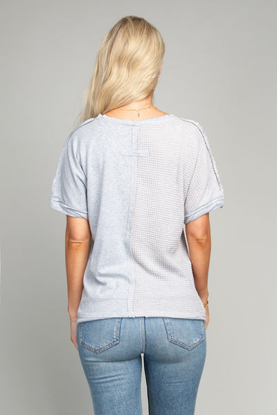 Grey Contrast Waffle Button Short Sleeve Top