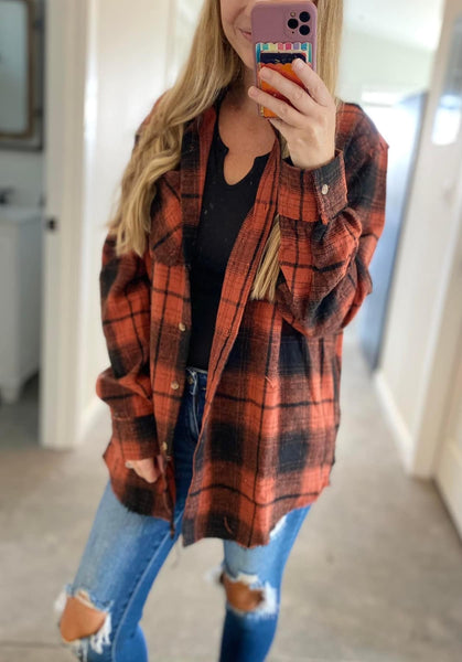 Black Plaid Fray Hem Button-Down