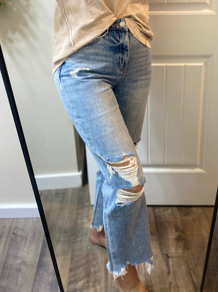 Loveret Distressed Raw Hem Straight Denim