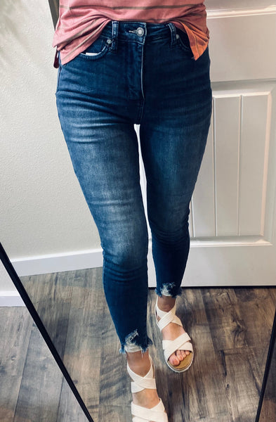 Darkwash Judy Blue Tummy Control Distressed Hem Denim
