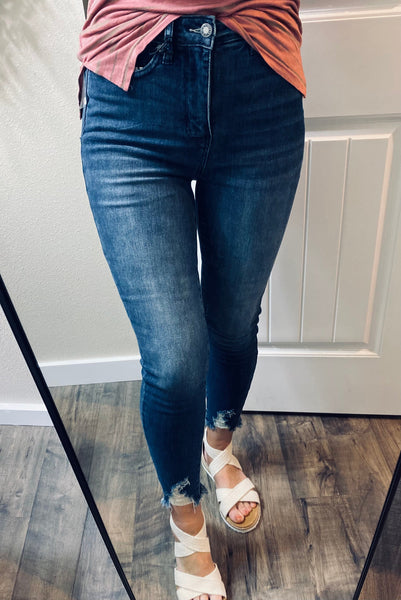 Darkwash Judy Blue Tummy Control Distressed Hem Denim