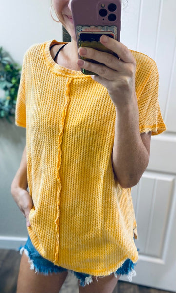Raw Hem Waffle Knit Top in Light Grey