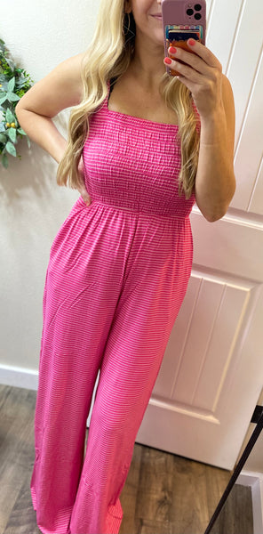 Pink Smocked Stripe Jumpsuit