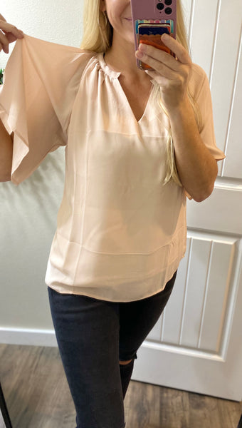 Beige Notch Flowy Blouse