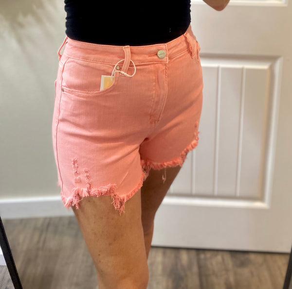 Flamingo Pink Risen Distressed Hem Shorts