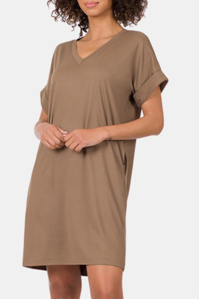 Black or Mocha Brushed Rolled Sleeve V-neck Short Sleeve Dress