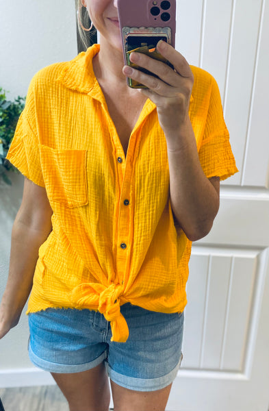 Yellow Raw Hem Button Up Short Sleeve